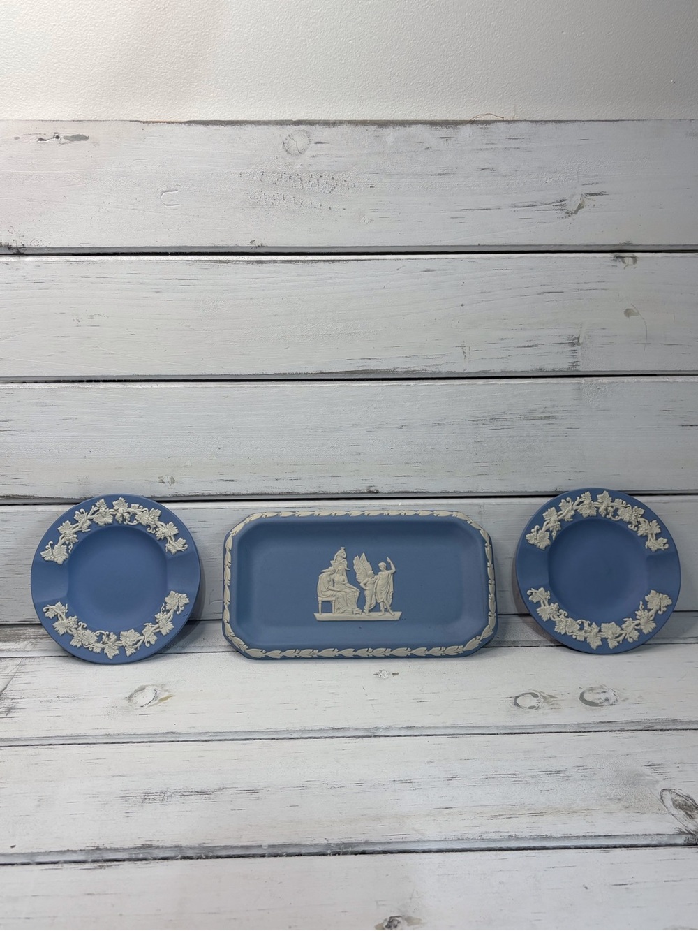 Wedgewood-Style Blue Jasperware Decorative Small Ashtray like & Tray Set
